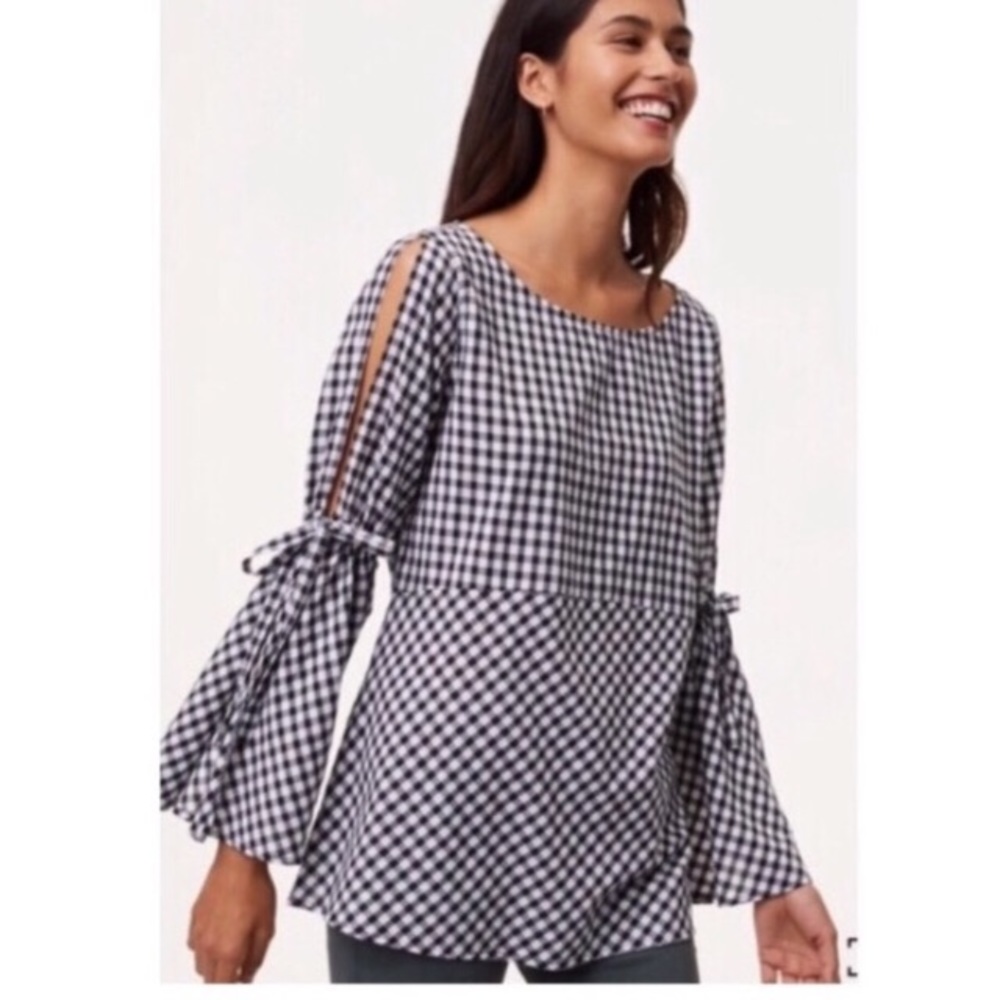 Loft black gingham open sleeve Top